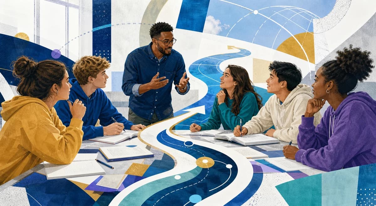 Conceptual editorial illustration of an expert presenter leading students through a focused live SAT or ACT boot camp.