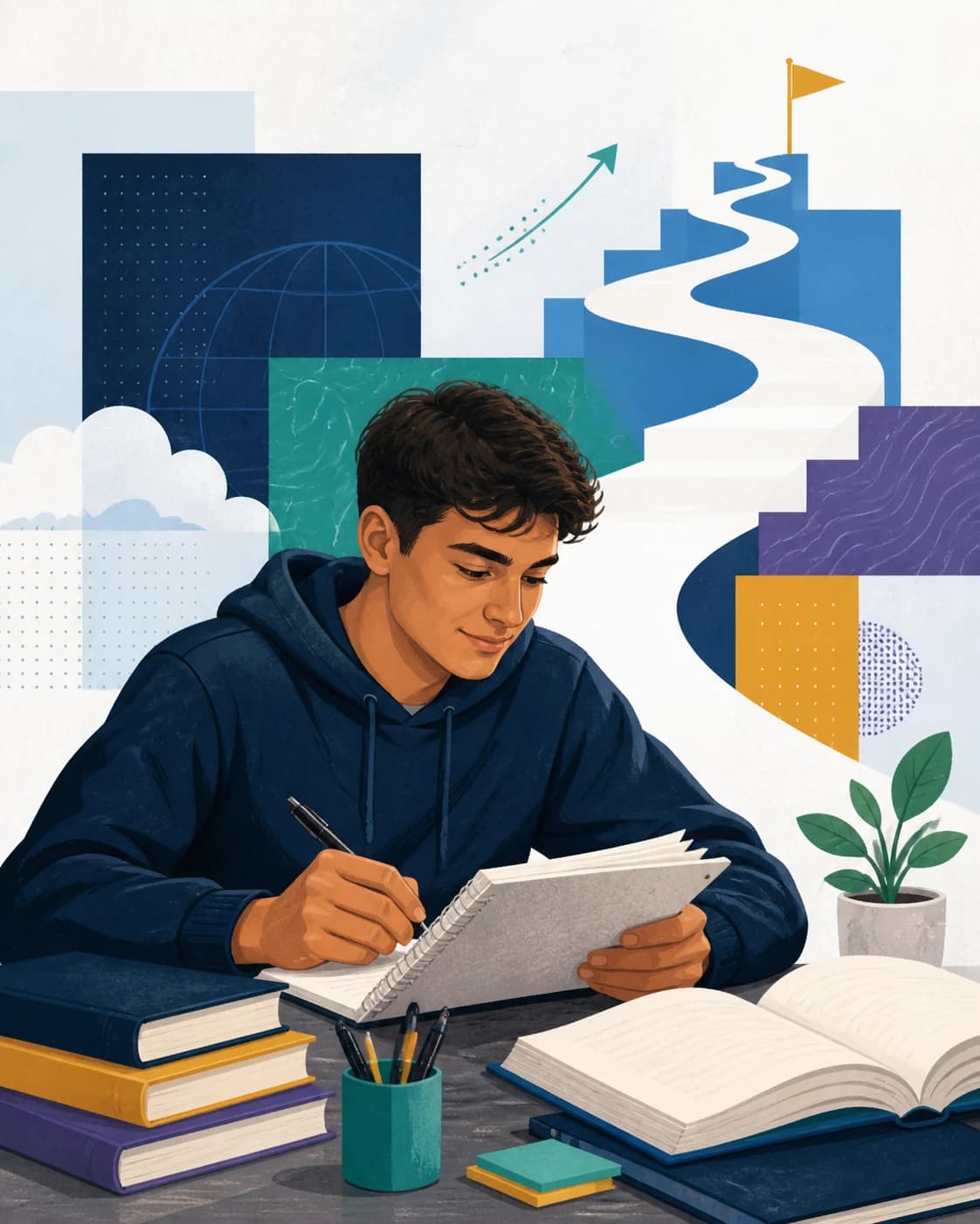 Editorial illustration of a student preparing at a desk with a path of progress rising behind them.
