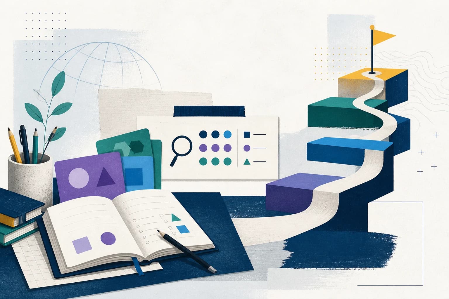Editorial illustration of study materials, practice cards, and a stepped path toward a next goal.