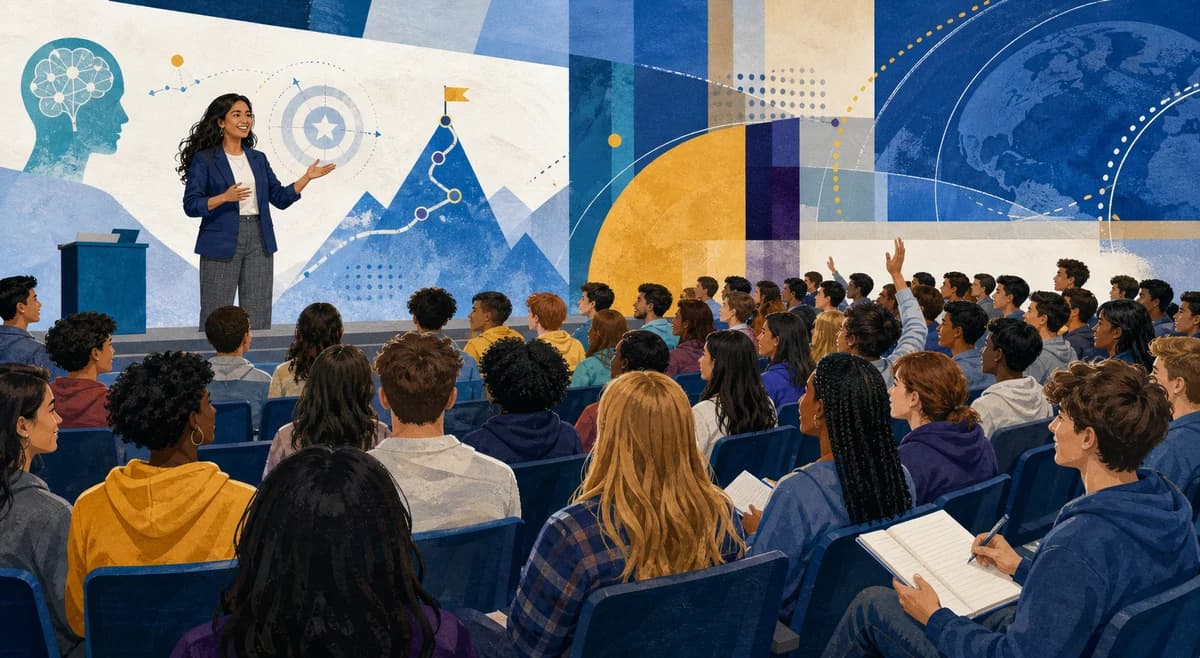 Conceptual editorial illustration of an expert presenter leading a school-wide SAT or ACT presentation for a diverse student audience.