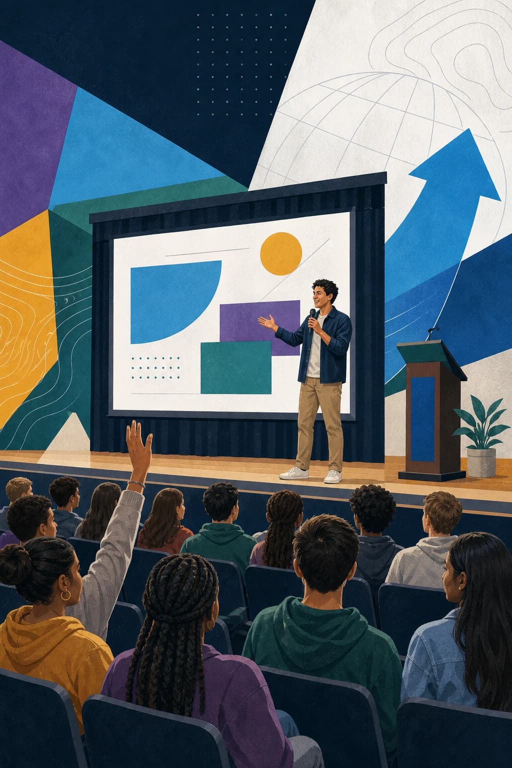 Editorial illustration of a presenter engaging a full school auditorium with students participating.